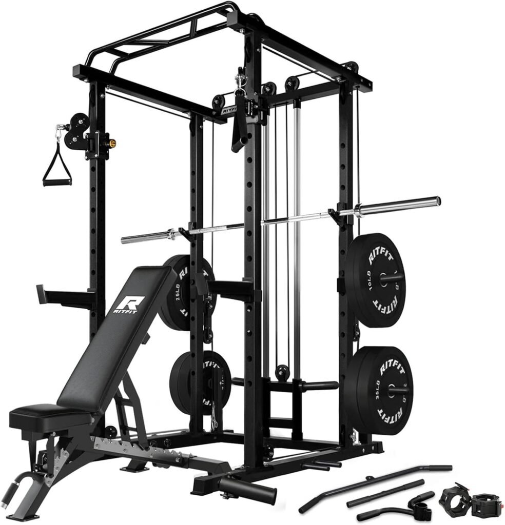 RitFit Multi-Function Squat Rack Power Cage PPC03 with Cable Crossover System, 1000LBS Capacity Power Rack and Packages with Optional Weight Bench, Barbell Weight Set, for Garage Workout & Home Gym