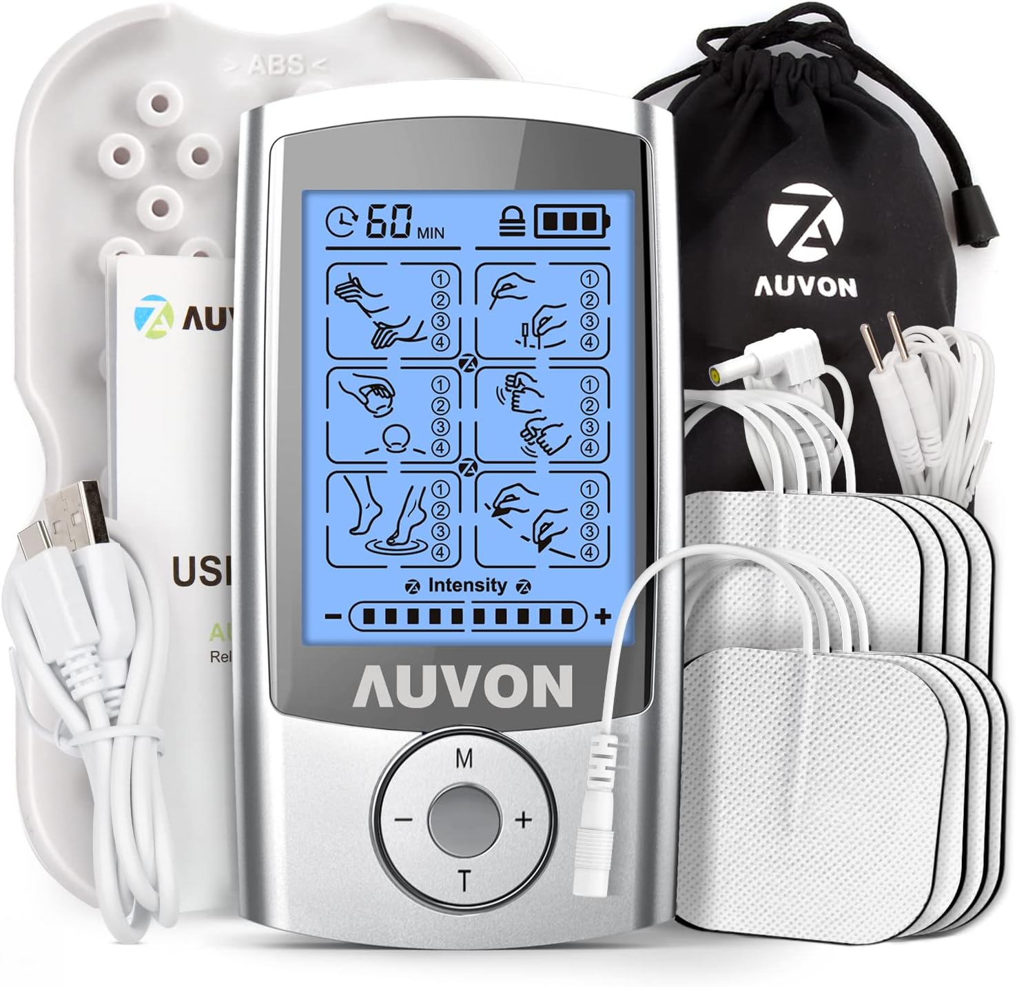 AUVON Rechargeable TENS Unit Muscle Stimulator, 24 Modes 4th Gen TENS Machine with 8pcs 2″x2″ Premium Electrode Pads for Pain Relief AUVON Rechargeable TENS Unit Muscle Stimulator, 24 Modes 4th Gen TENS Machine with 8pcs 2″x2″ Premium Electrode Pads for Pain Relief