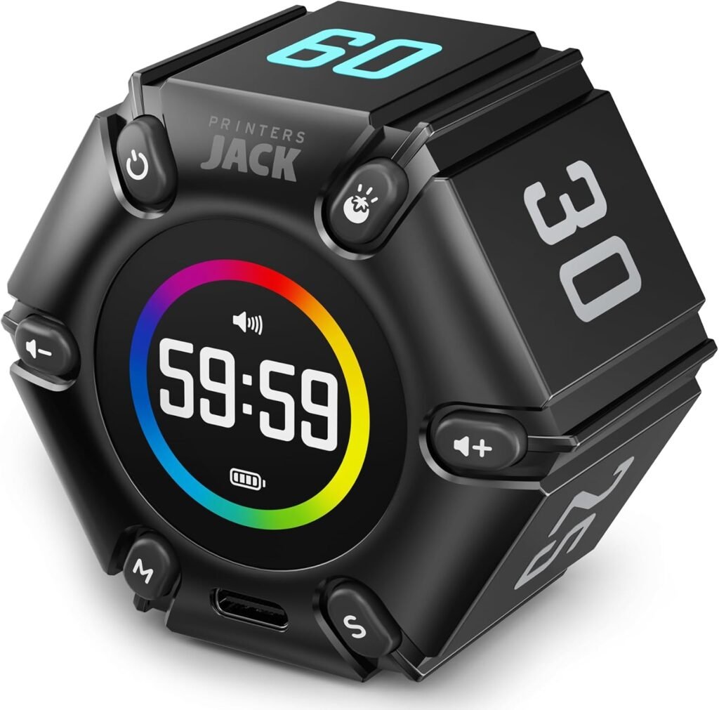 Printers Jack Pomodoro Timer, Productivity Cube Timer, Visual Focus Timer, Mute & Vibration & Adjustable Sound Alert, for Office, ADHD, Study, Work, 3/5/10/25/30/60min & Custom Countdown – Black