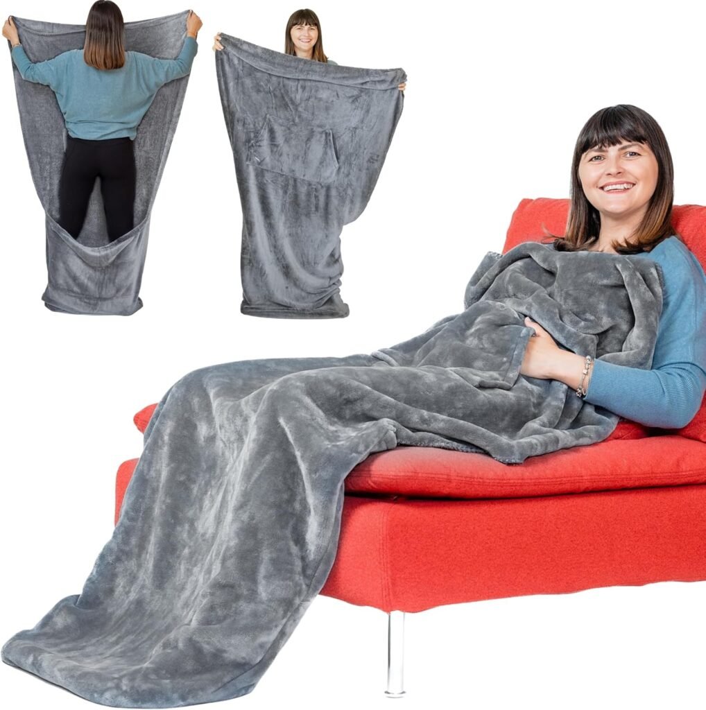 Fleece Lightweight Foot Pocket Blanket -Patent Pending- Premium Throw – Gamer Gifts For Men Who Want Nothing – Tv Lap Blanket (Fleece, Silver Grey)