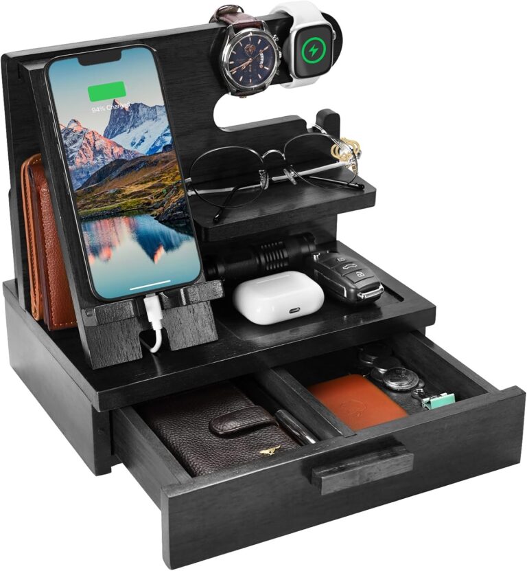 Gifts for Father Day Dad Men Husband Him from Daughter Son Wife, Wood Phone Docking Station with Drawer Nightstand Organizer, Birthday Gifts for Him Anniversary, Cool Gadgets for Boyfriend