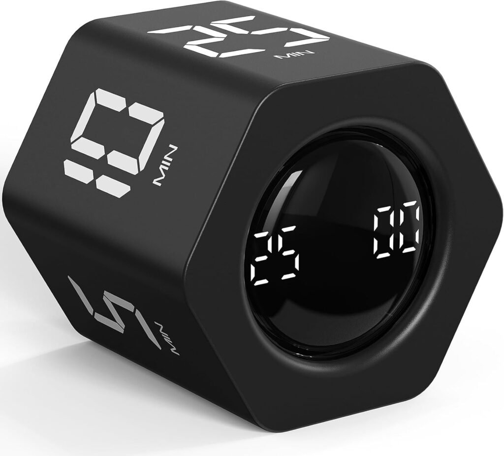 Rotating Pomodoro Timer 5, 25, 10 30,60 Mins Preset Stopwatch, Desk Flip ProductivityTimer, ADHD Tool Hexagon, Vibration/Mute/Alarm, for Work, Study, Back to School, Kitchen, Black