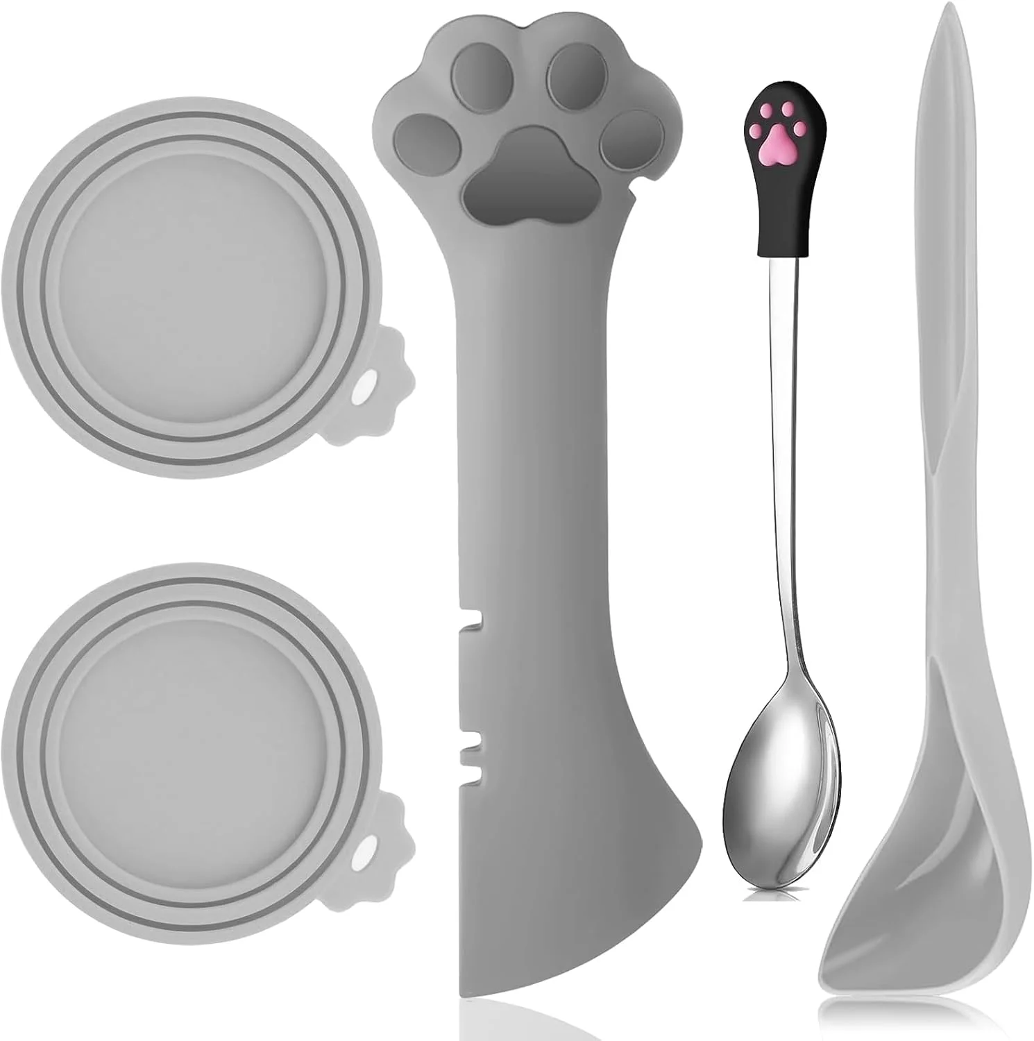 5 Pcs Pet Food Can Supplies Set Dog Cat Food Lid Cat Can Opener Cat Spoons For Wet Food (Gray)