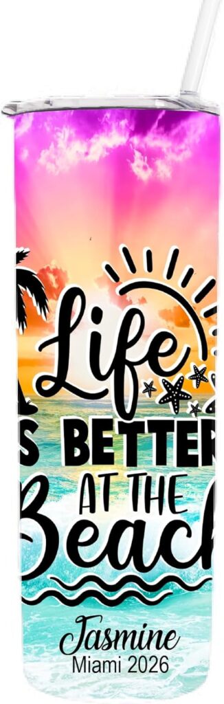 AVITO Personalized Beach Tumbler – 20 oz Skinny Stainless Steel Tumbler – Vacation Gift – Life Is Better at the Beach – Water Cups – Insulated Tumblers – Personalized Travel Mug