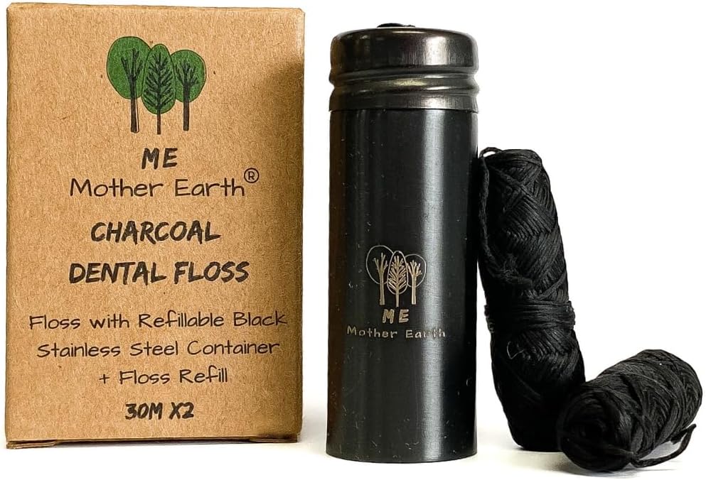 Vegan Biodegradable Bamboo Charcoal Dental Floss with Refillable Black Stainless Steel Container | 30M x2 | Extra Floss| Natural Candelilla Wax | Peppermint | Zero Waste Oral Care Vegan Biodegradable Bamboo Charcoal Dental Floss with Refillable Black Stainless Steel Container | 30M x2 | Extra Floss| Natural Candelilla Wax | Peppermint | Zero Waste Oral Care