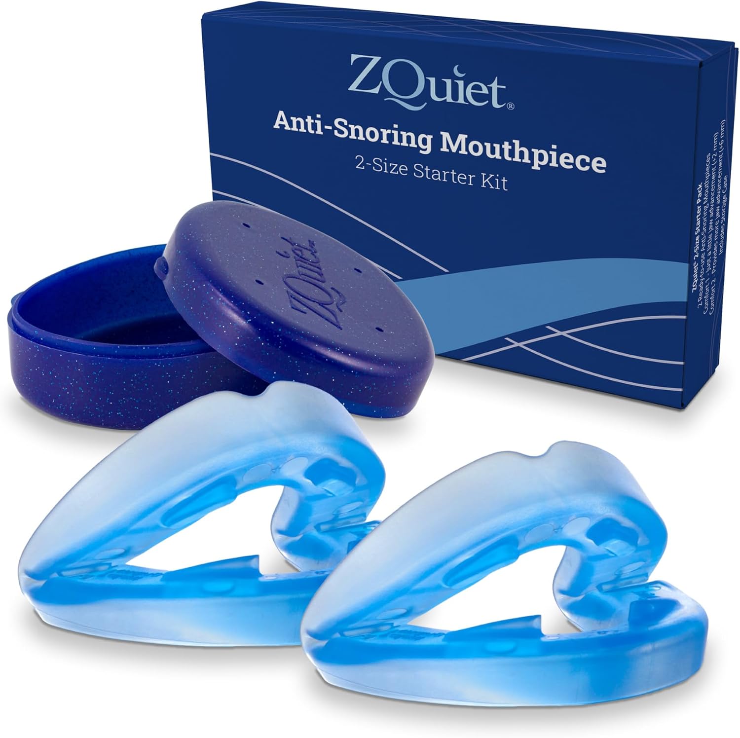 ZQuiet, Anti-Snoring Mouthpiece, Starter Pack with 2 Sizes, Living Hinge & Open Front Design for Comfort & Easy Breathing, Blue ZQuiet, Anti-Snoring Mouthpiece, Starter Pack with 2 Sizes, Living Hinge & Open Front Design for Comfort & Easy Breathing, Blue