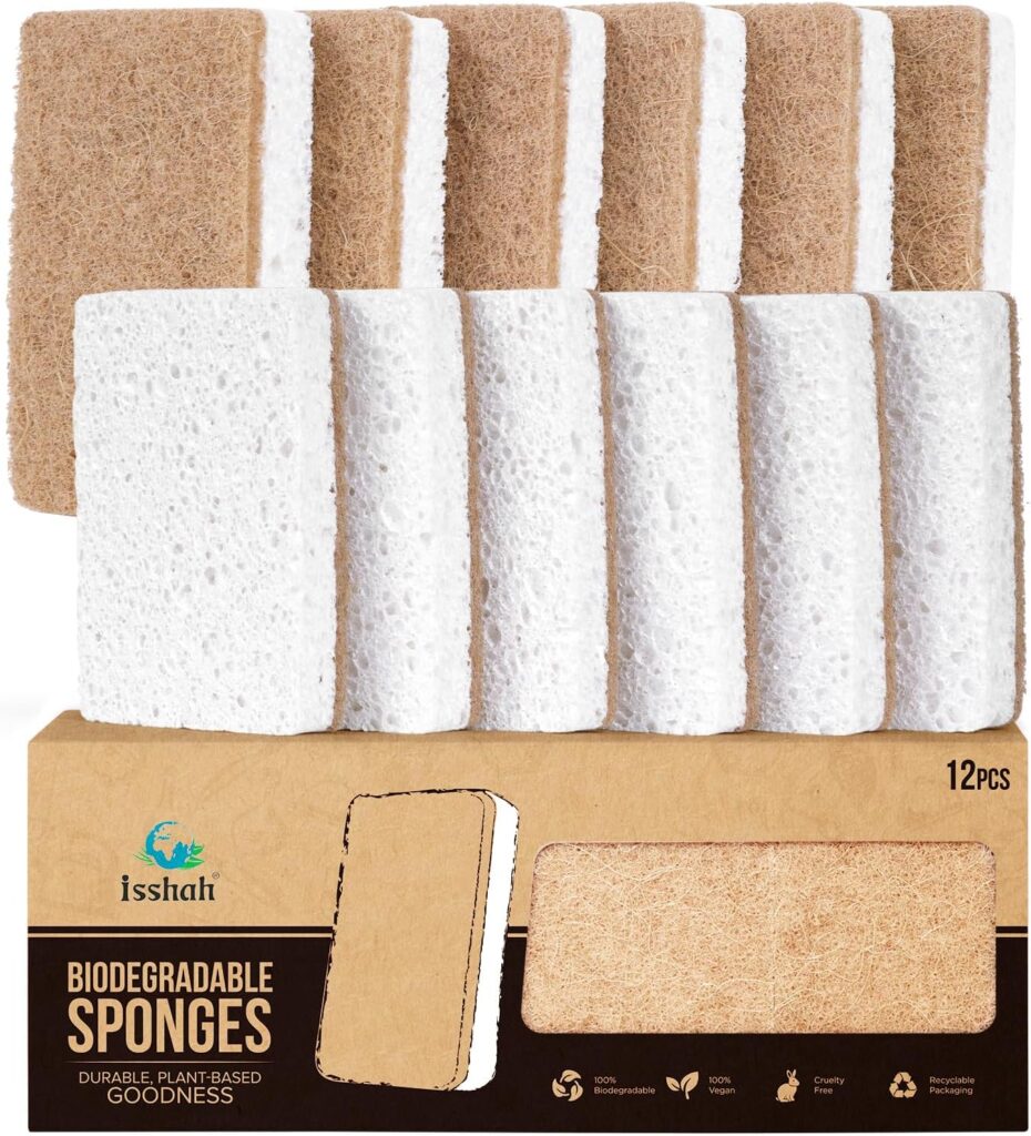 Plant-Based Kitchen Sponges – FSC Certified and PETA Approved, Natural, Eco-Friendly, Biodegradable Sisal Hemp Sponges for Dishes, Cleaning Sponge for Kitchen, Bathroom, Household – 12 Count