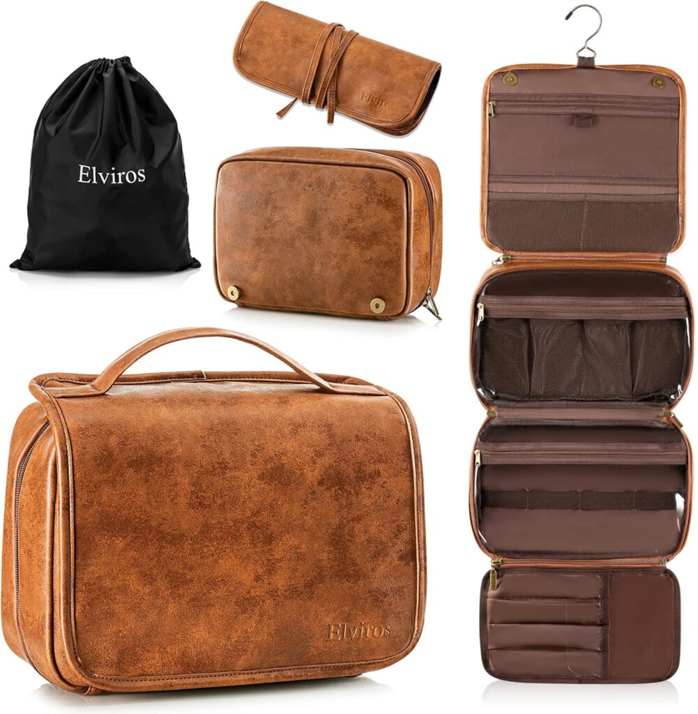 Elviros Hanging Toiletry Bag for Men Travel Essentials 3-in-1 Large Waterproof Dopp Kit PU Leather Shaving Bag with Separate Compartments for Grooming and Toiletries Mens Gift Elviros Hanging Toiletry Bag for Men Travel Essentials 3-in-1 Large Waterproof Dopp Kit PU Leather Shaving Bag with Separate Compartments for Grooming and Toiletries Mens Gift
