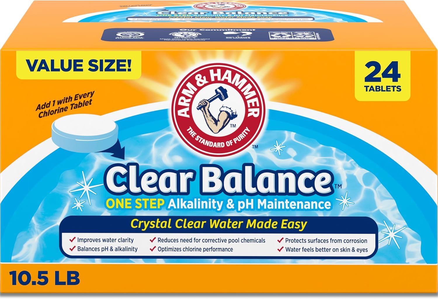 ARM & HAMMER Clear Balance Swimming Pool Alkalinity pH Maintenance Tablets, White, 1 Pack, 24 Count