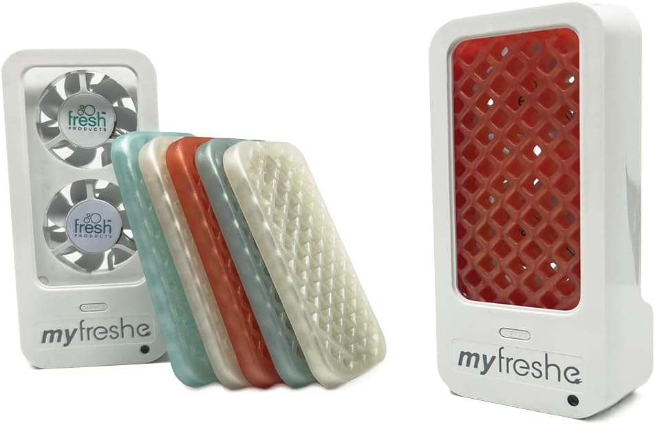 Fresh Products myfreshe Plug in Air Freshener No Heat No Glass Dry Fragrance Refills For Small Spaces Made in the USA Starter Kit w 2 Dispensers and 3 Fragrances