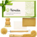 Tieralia Bamboo Dish Brush Gift Set – 5-Piece Kitchen Cleaning Bundle with Bottle Brush, Palm Brush, Scrub Brush & Sponge Pads | Elegant Wood Handles, Scratch-Safe Bristles, Giftable Packaging