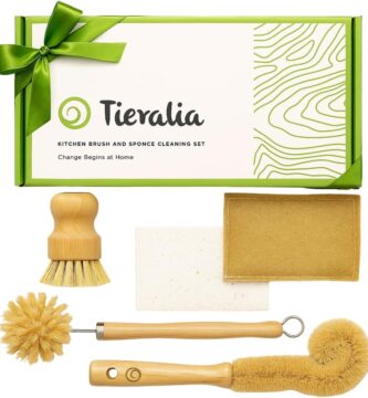 Tieralia Bamboo Dish Brush Gift Set – 5-Piece Kitchen Cleaning Bundle with Bottle Brush, Palm Brush, Scrub Brush & Sponge Pads | Elegant Wood Handles, Scratch-Safe Bristles, Giftable Packaging