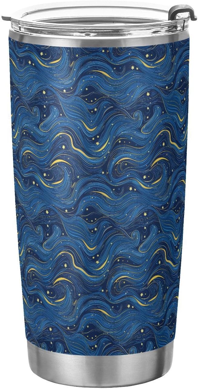 Blue Waves at Night Stainless Steel coffee cups with lids reusable with Straw Leak Resistant Flip coffee travel mug 20oz for camping aesthetic Vacuum Insulated Tumbler vasos para cafe 20oz