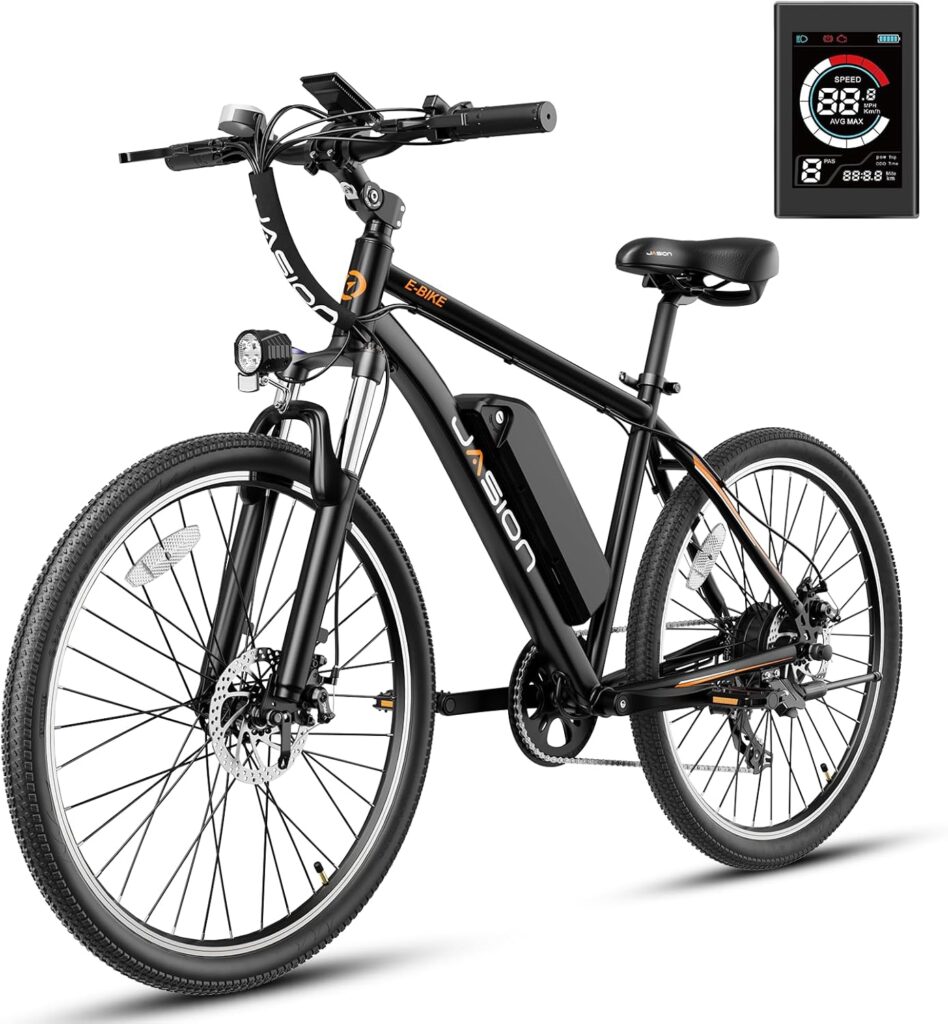 Jasion EB5 Electric Bike for Adults with Peak 750W Brushless Motor, 40Miles 20MPH Commuting Electric Mountain Bike with 360Wh Removable Battery, 7-Speed, 26″ Tires and Front Fork Suspension