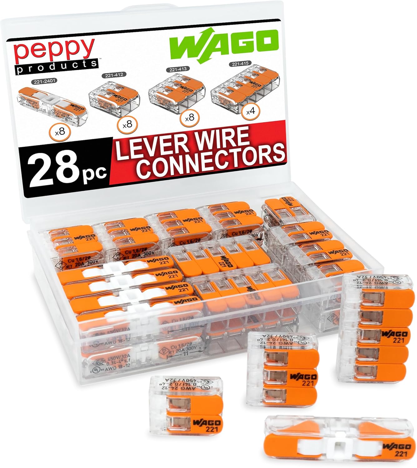 WAGO 221 Lever Nuts 28pc Compact Splicing Wire Connector Assortment with Case | Includes 221-2401, 221-412, 221-413, 221-415