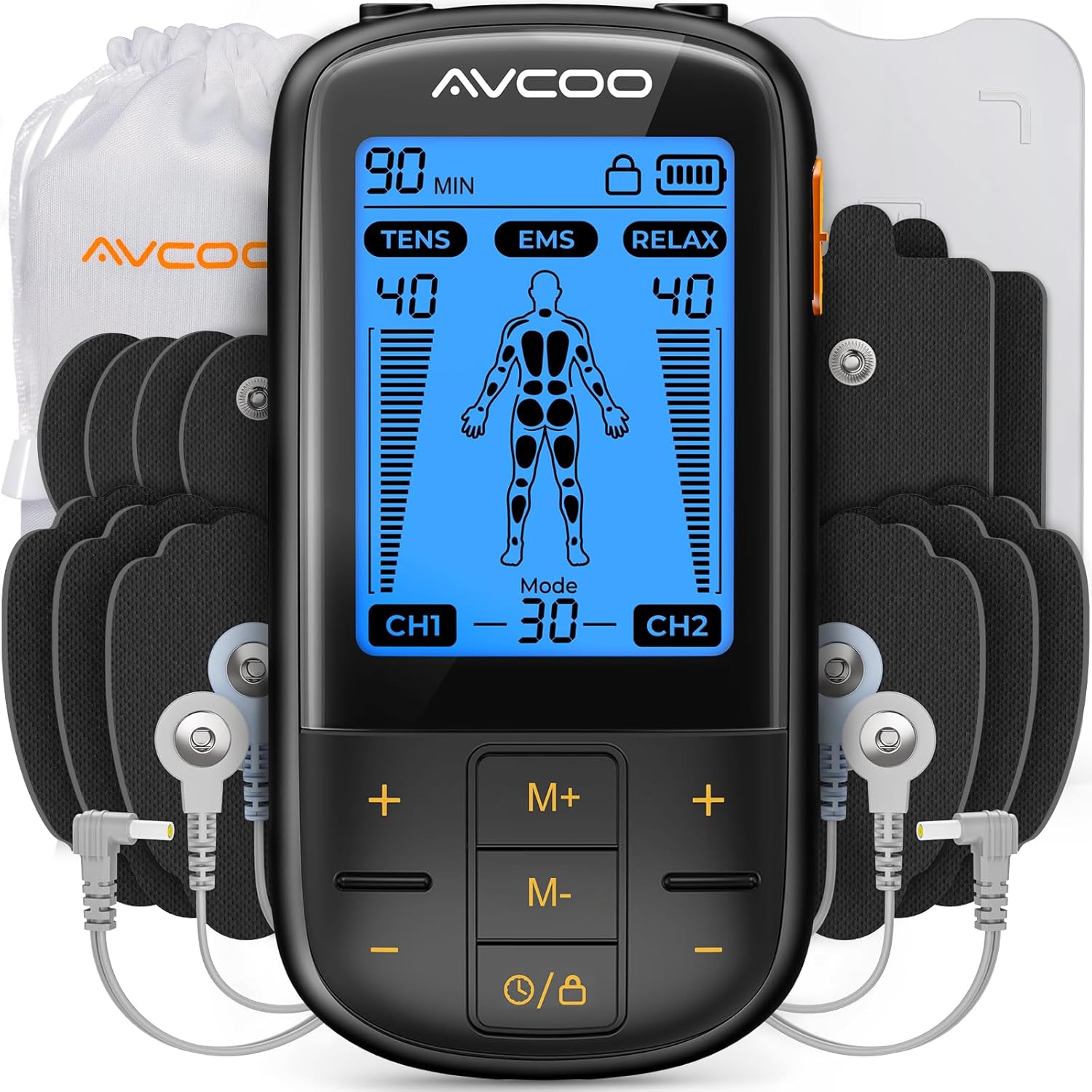 AVCOO 3-in-1 TENS Unit Muscle Stimulator with 30 Modes, 40 Intensities TENS Machine for Gradual Back Pain Relief Therapy, Rechargeable EMS Unit Massager with 12 TENS Electrode Pads, a Storage Bag AVCOO 3-in-1 TENS Unit Muscle Stimulator with 30 Modes, 40 Intensities TENS Machine for Gradual Back Pain Relief Therapy, Rechargeable EMS Unit Massager with 12 TENS Electrode Pads, a Storage Bag